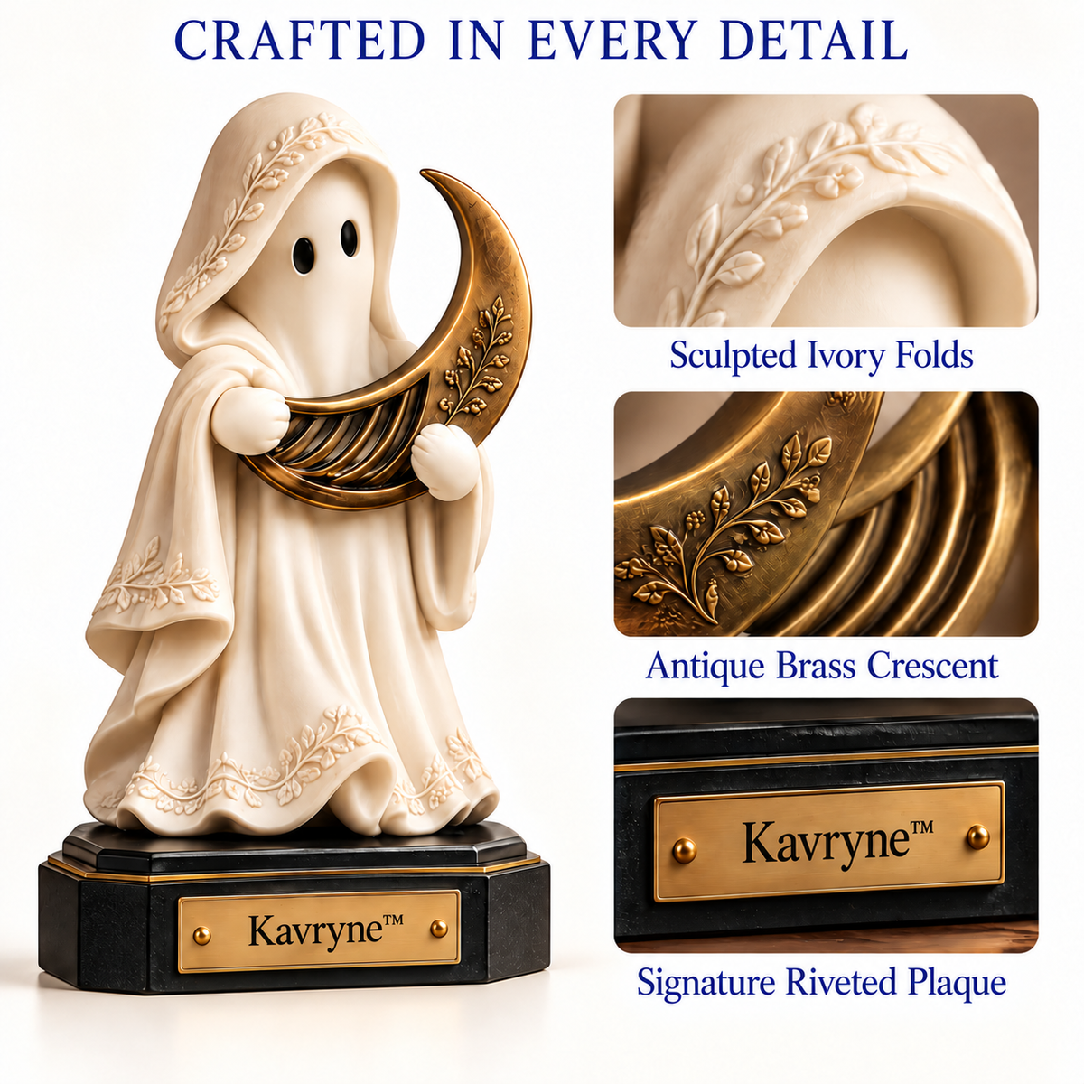 Kavryne™ The Moon Keeper – Whimsical Ghost & Crescent Moon Figurine