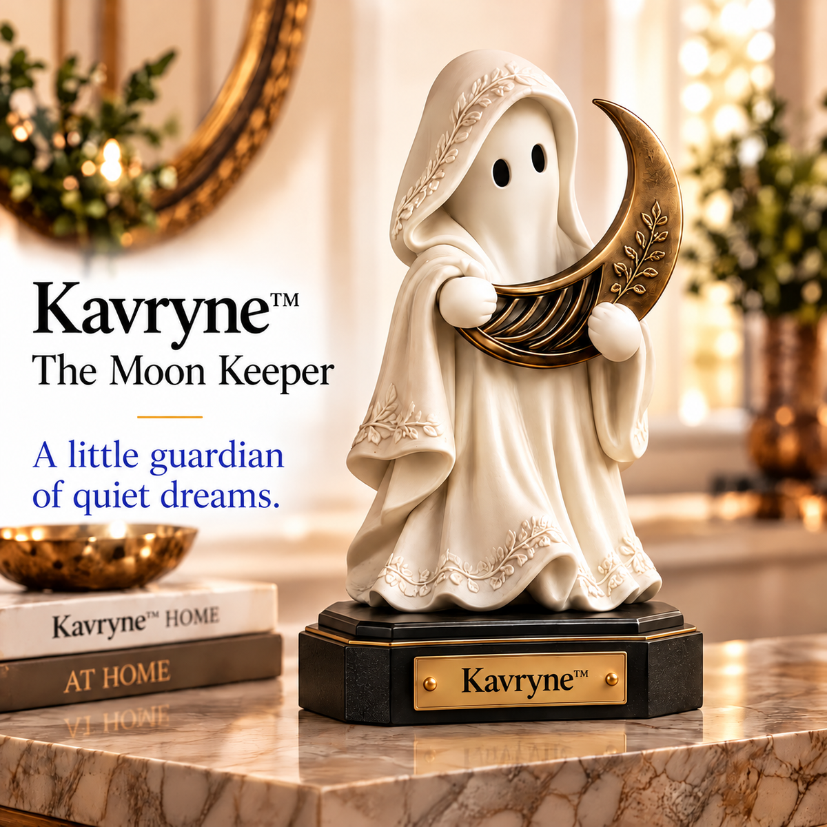 Kavryne™ The Moon Keeper – Whimsical Ghost & Crescent Moon Figurine