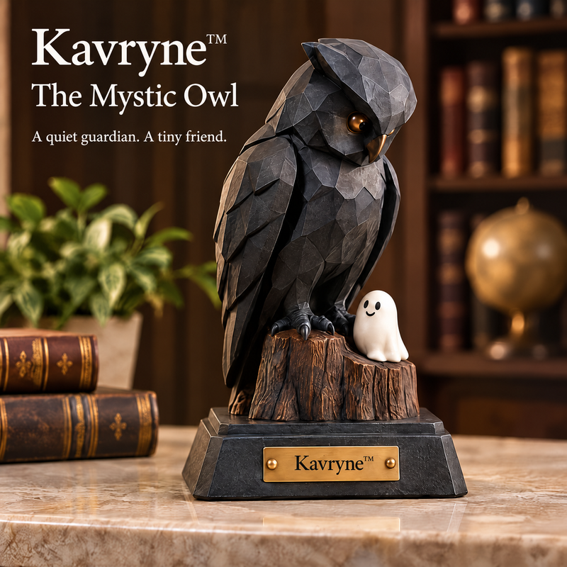 Kavryne™ The Mystic Owl – Charcoal Owl & Tiny Ghost Figurine