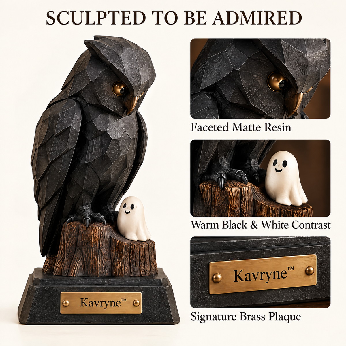 Kavryne™ The Mystic Owl – Charcoal Owl & Tiny Ghost Figurine