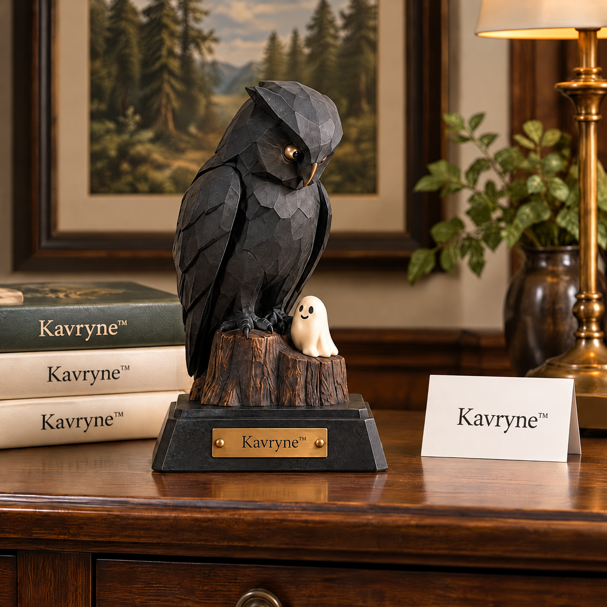 Kavryne™ The Mystic Owl – Charcoal Owl & Tiny Ghost Figurine