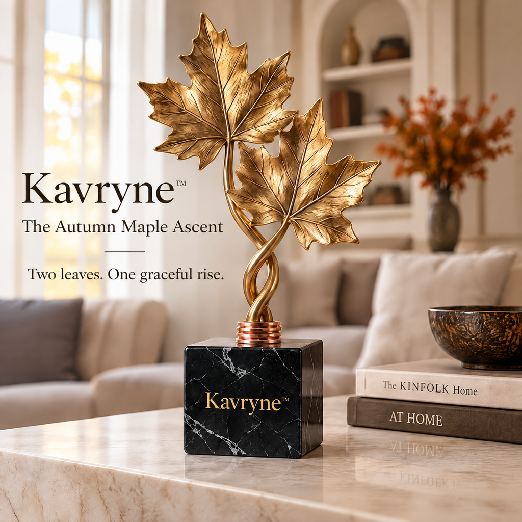 Kavryne™ The Autumn Maple Ascent – Champagne Gold Maple Leaf Sculpture