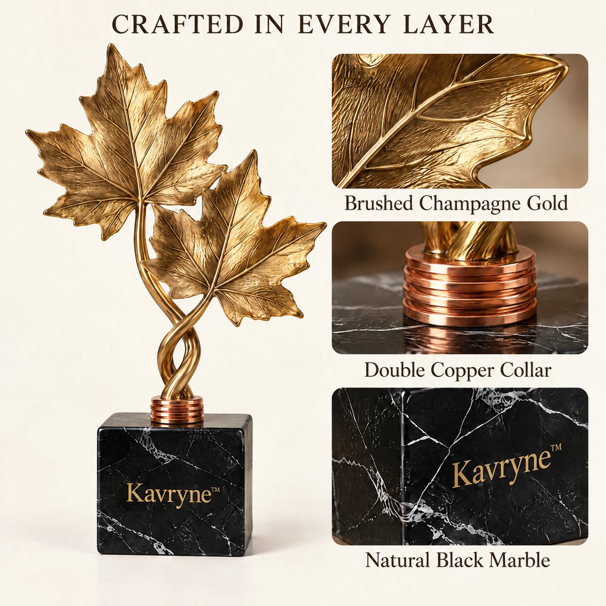 Kavryne™ The Autumn Maple Ascent – Champagne Gold Maple Leaf Sculpture