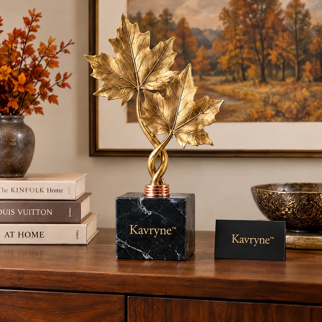 Kavryne™ The Autumn Maple Ascent – Champagne Gold Maple Leaf Sculpture