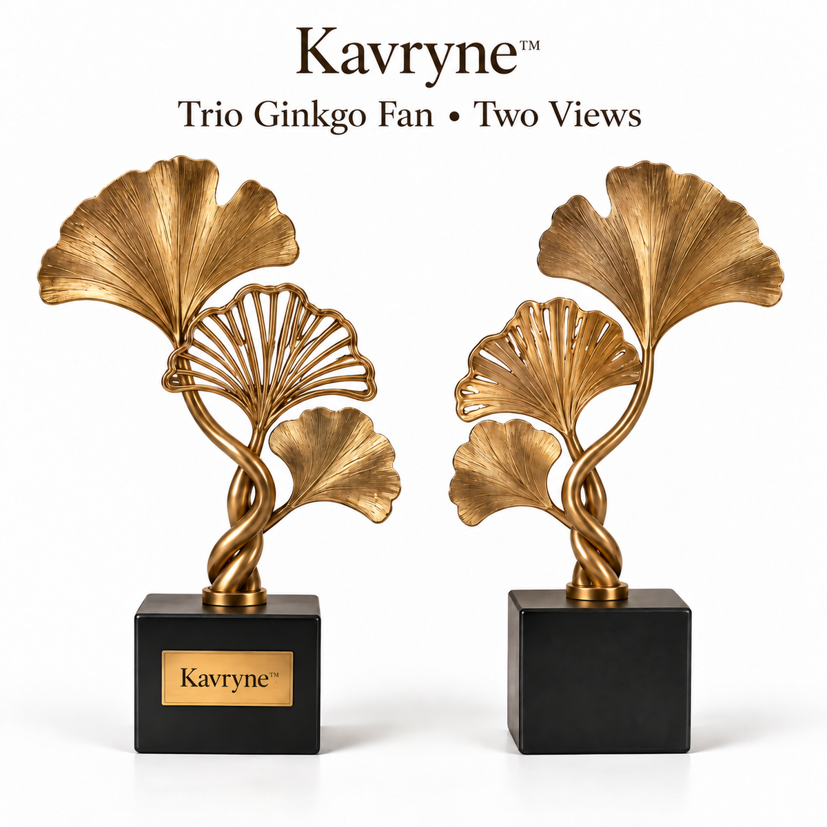 Kavryne™ The Trio Ginkgo Fan – Satin Gold Layered Leaf Sculpture