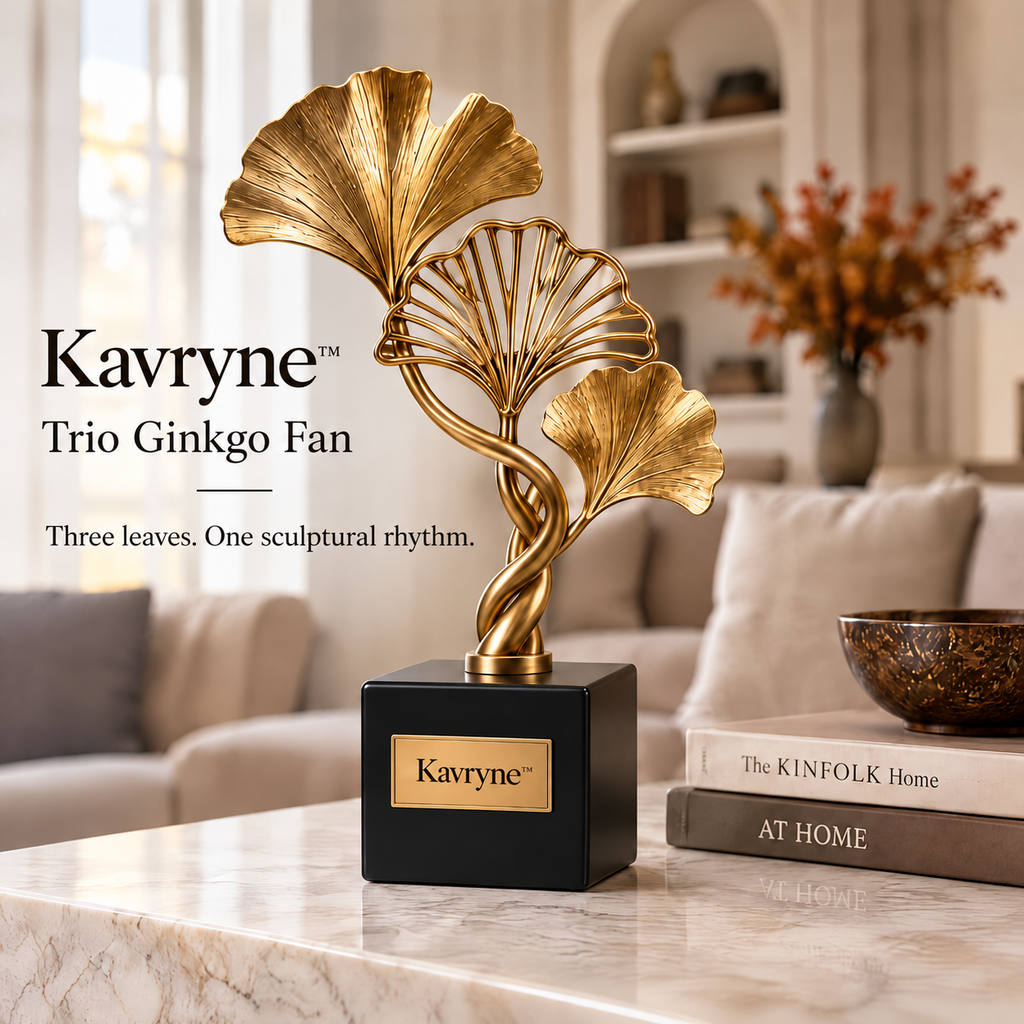 Kavryne™ The Trio Ginkgo Fan – Satin Gold Layered Leaf Sculpture