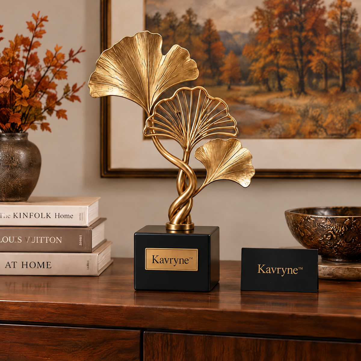 Kavryne™ The Trio Ginkgo Fan – Satin Gold Layered Leaf Sculpture