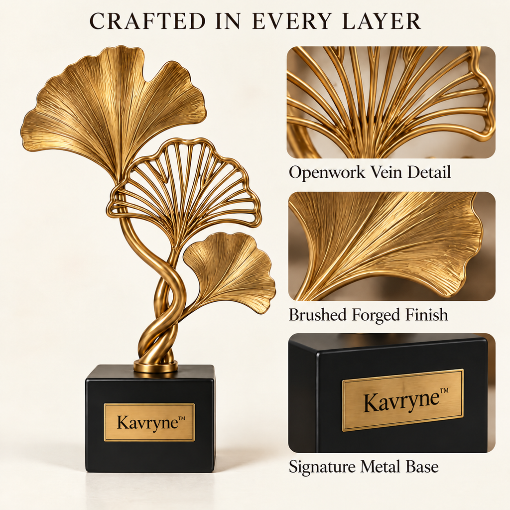 Kavryne™ The Trio Ginkgo Fan – Satin Gold Layered Leaf Sculpture