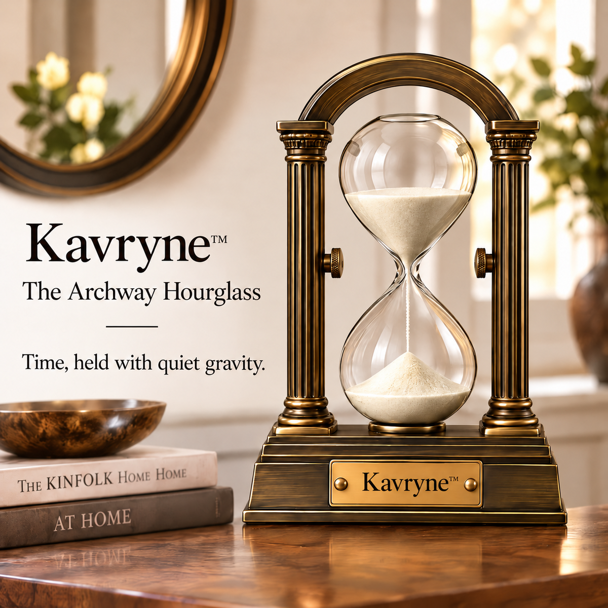 Kavryne™ The Archway Hourglass – Roman Fluted Brass Rotating Timepiece