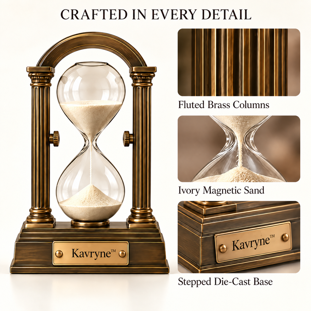 Kavryne™ The Archway Hourglass – Roman Fluted Brass Rotating Timepiece