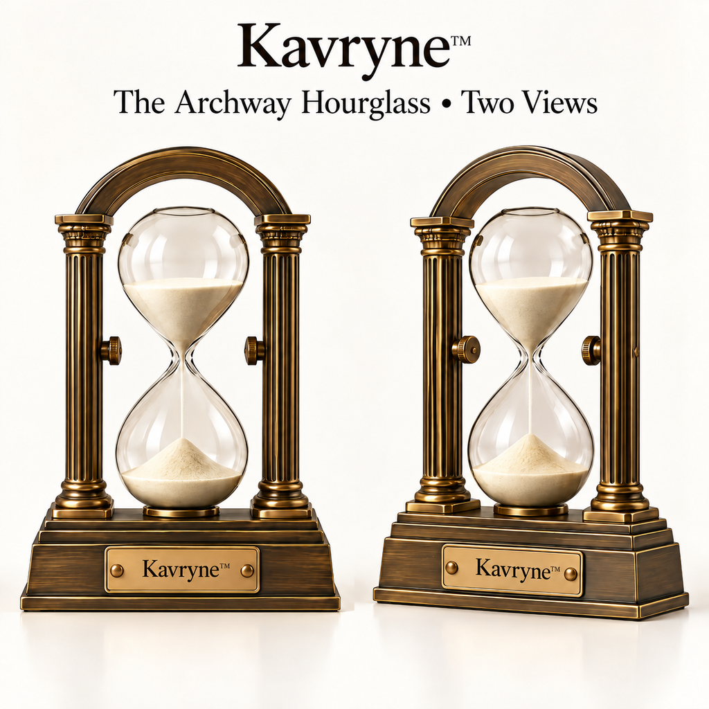 Kavryne™ The Archway Hourglass – Roman Fluted Brass Rotating Timepiece