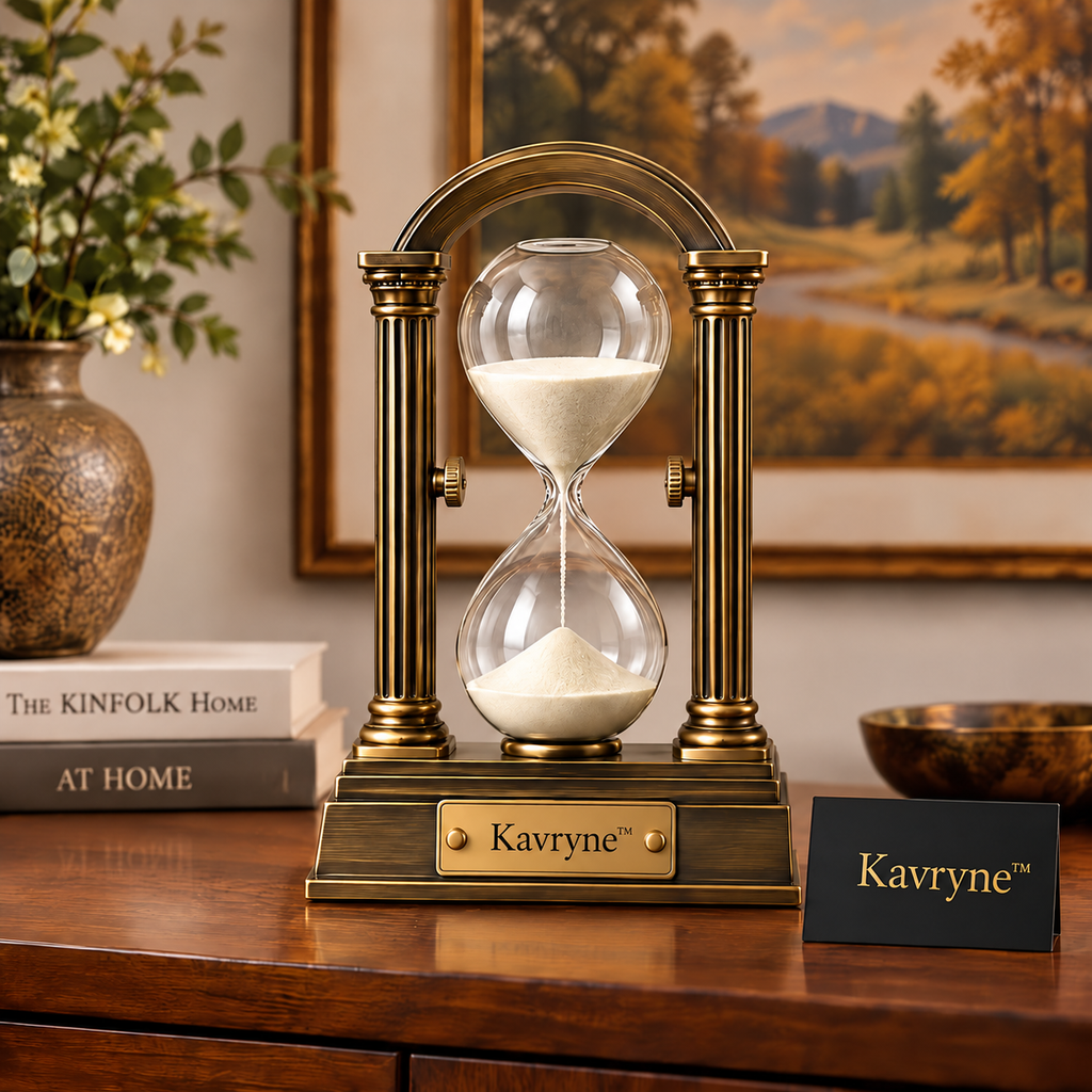 Kavryne™ The Archway Hourglass – Roman Fluted Brass Rotating Timepiece